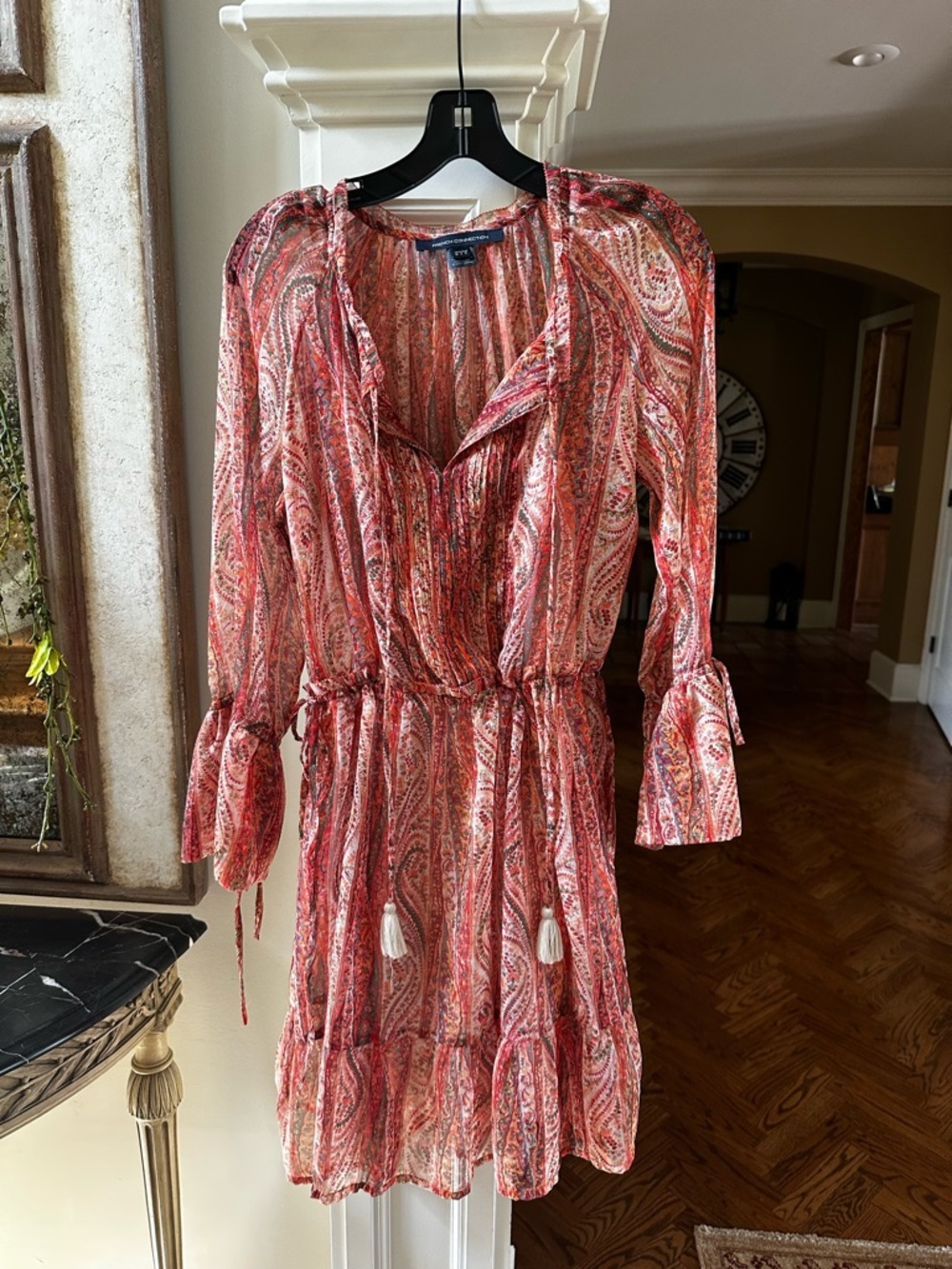 French Connection Red Paisley Tie-Waist Mini Dress